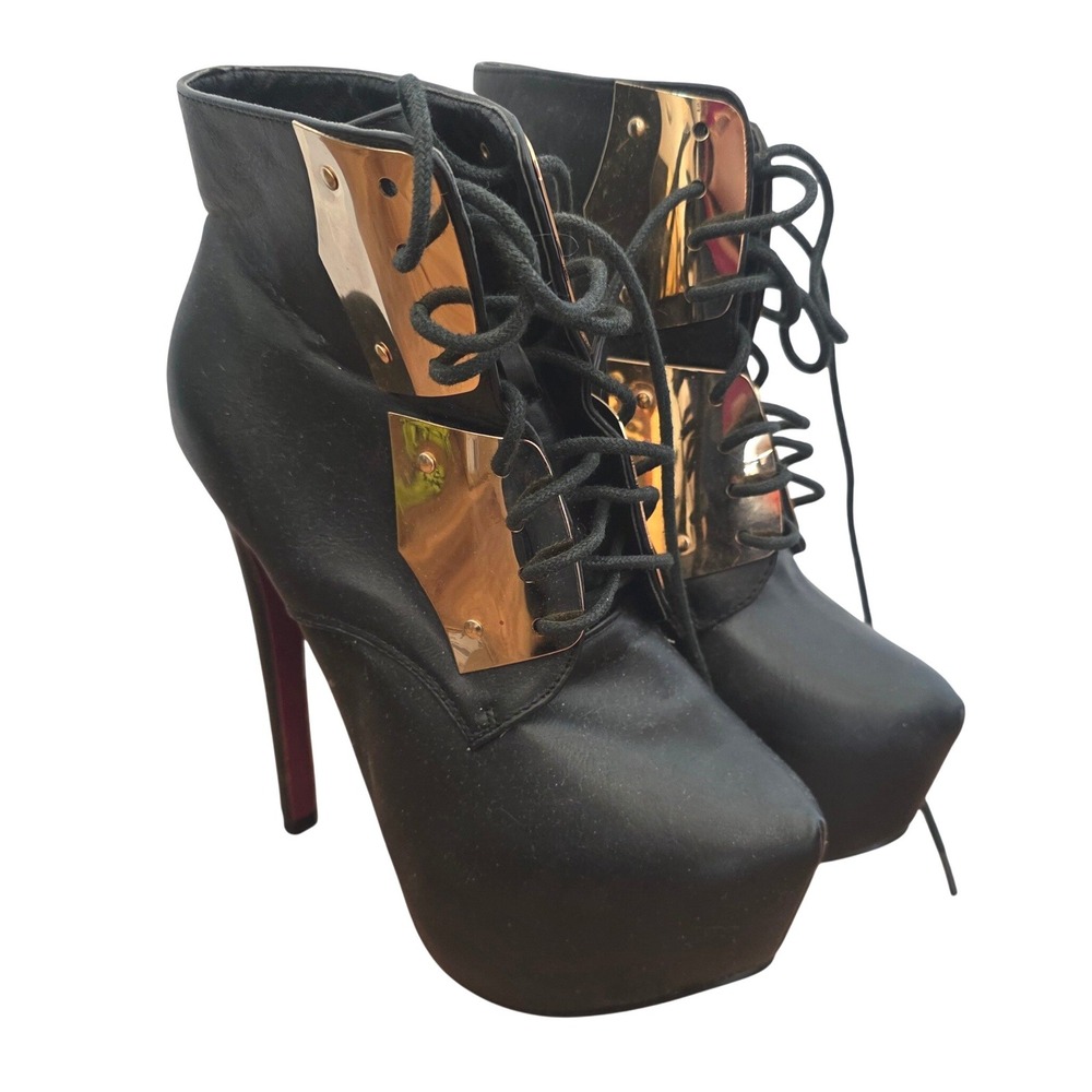 Cleopatra Black Lace Up Platform Stiletto Ankle Boots Size 6 Gold Accent